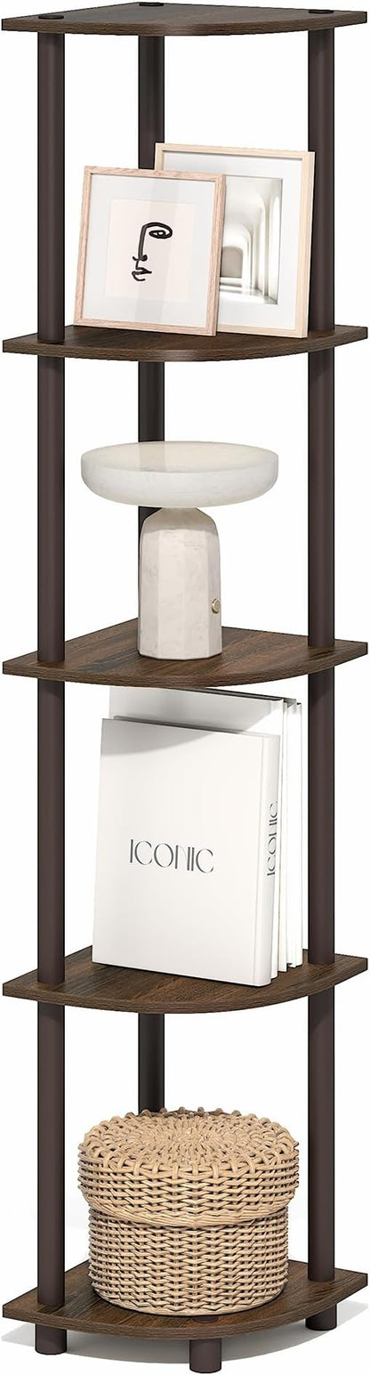 Furinno Turn-N-Tube Corner Shelf, 5-Tier Corner Bookshelf, Open Storage Shelves, for Organization and Storage, Living Room, Home Office, Garage, Bedroom, Black Walnut