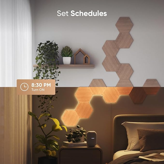 Nanoleaf Elements Wood Look Smart Wall Lights, Hexagon LED Wall Lights Work with Alexa Google Assistant, Home Wall Decor for Living Room with Music Sync, Ambient White 1500-4000K, Expansion 3 Panel