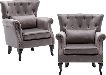 chairus Mid-Century Modern Accent Chairs Set of 2, Comfy Tufted Single Sofa Chair Wingback Armchair with Pillow for Club, Living Room, Bedroom - Velvet, Grey