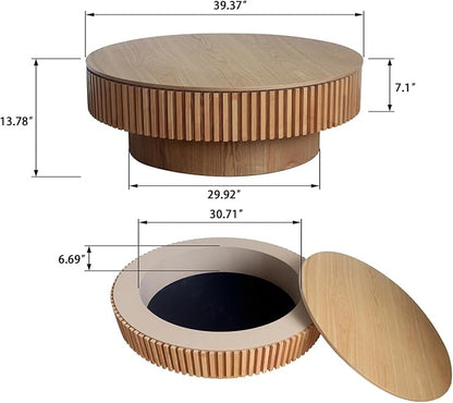 39.37'' Round Coffee Table for Living Room, Fluted Tea Table with Hidden Storage, Solid Wood Circle Coffee Table, Modern Tea Table for Small Space Apartment-Natural Wood 39.37''D×13.78''H