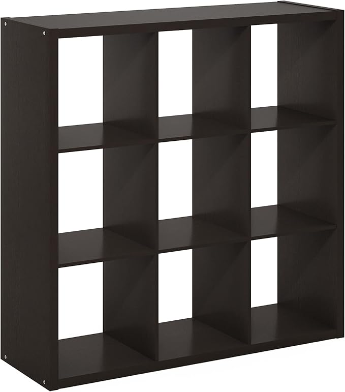 Furinno CUBICLE Book Shelf, 9-Cube Thick Frame Bookshelf, Reversible Bookcase with Open Back, 14.6 x 43.8 x 43.8, for Living Room, Bedroom, Home Office, Black Dark Oak