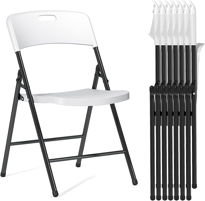 8 Pack Folding Chairs, 700lbs Capacity Heavy Duty Folding Chair with Reinfoced Steel Frame for Indoor/Outdoor Use, White Plastic Foldable Chairs for Party, Patio, Meeting, Wedding and School