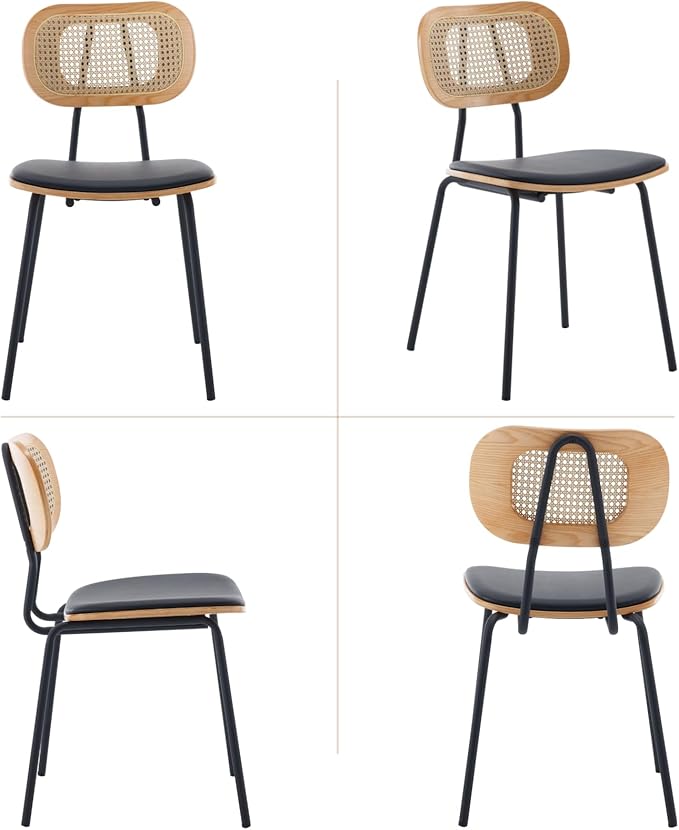 Mid-Century Modern Rattan Cane Back Dining Chairs Set of 2 — PU Leather Upholstered Seat, Black Metal Legs, Kitchen Side Chairs for Kitchen & Dining Room, Black