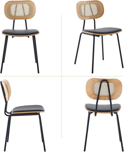 Mid-Century Modern Rattan Cane Back Dining Chairs Set of 6 — PU Leather Upholstered Seat, Black Metal Legs, Kitchen Side Chairs for Kitchen & Dining Room, Black