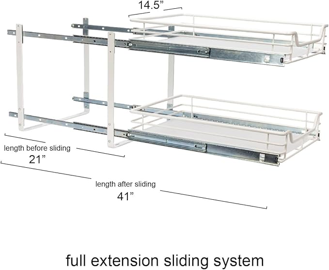 Household Essentials Glidez Multipurpose Paint-Finished Steel Pull-Out/Slide-Out Storage Organizer for Under Cabinet Use - 2-Tier Design - Fits Standard Size Cabinet or Shelf, White