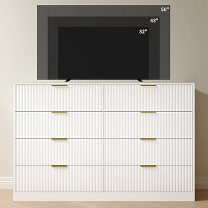 White Fluted Dresser Bedroom with 8 Drawer,55” Wide White Double Drawer Dresser Modern Chest of Drawers with Gold Handles,Wood TV Stand for Bedroom,Living Room