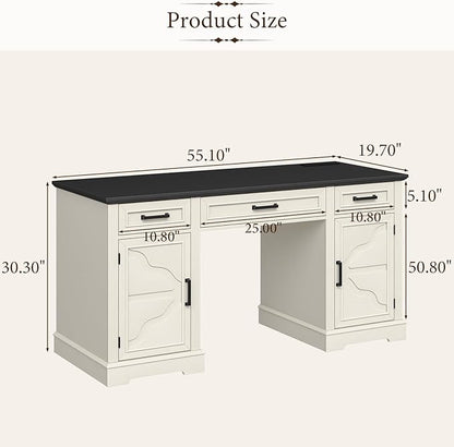 Vabches Computer Desk with File Drawer,Rustic Executive Desk with Drawers Wood Office Desk with Ample Storage Drawers,Farmhouse Large Home Wrting Desk with Drawers for Bedroom,White