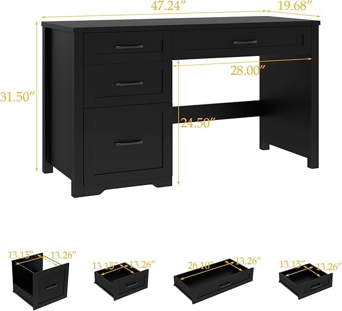 Vabches Farmhouse 47" Executive Desk with File Drawer, Wood Computer Desk with 3 Storage Drawers, Workstation for Home Office, Study, Writing(Black)