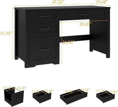 Vabches Farmhouse 47" Executive Desk with File Drawer, Wood Computer Desk with 3 Storage Drawers, Workstation for Home Office, Study, Writing(Black)
