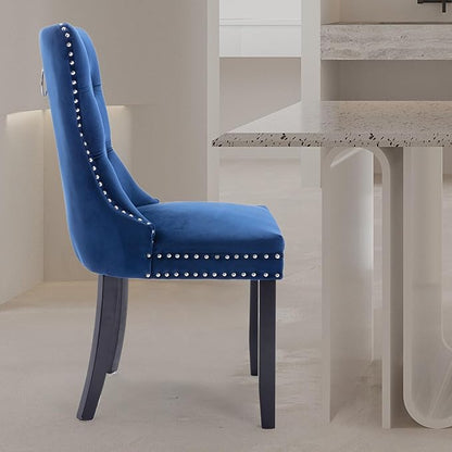Velvet Upholstered Dining Chairs Set of 4, Modern Style Kitchen Side Chairs with Nailhead Trim and Wood Legs,Metal Pulling Ring for Dining Room Living Room(Blue,Set of 4)