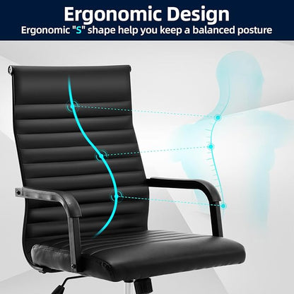 Office Chair, Ergonomic Executive Conference Room Chairs, Ribbed Leather Desk Chair with Lumbar Support, Adjustable Height Mid-Back Swivel Chair with Padded Seat and Square Tube Armrests