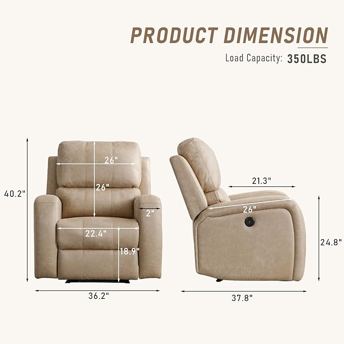Electric Recliner Chair, Soft PU Leather Power Recliners with Padded Backrest, Single Overstuffed Heavy Duty Reclining Sofa for Living Room Bedroom