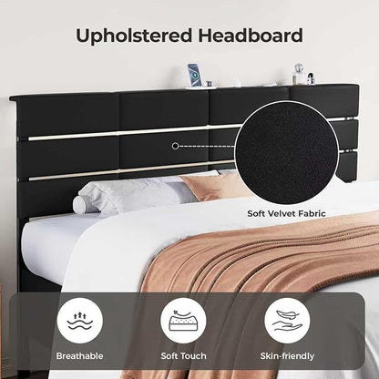 Full/Queen Size Upholstered Velvet Headboard, Adjustable Head Boards with LED Light & Charging Station, Bed Headboard Only, Attach Frame, Study & Comfortable, Ideal for Bedroom, Dorm, Black