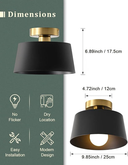 Ceiling Light Fixture, Hallway Ceiling Light with Gold Plate and Matte Black Shade, Modern Simple Style Porch Light Fixtures Semi Flush Mount (2 Pack Black)