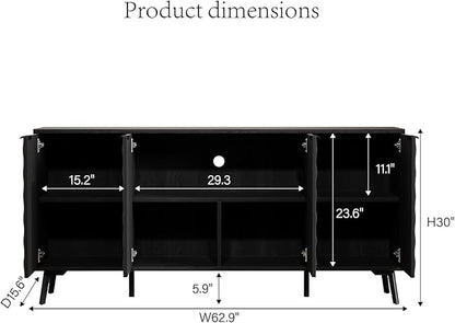 Mid-Century Modern Sideboard Cabinet, 63” Buffet with Storage, Diamond-Textured Credenza with 4 Doors, Multifunctional Accent Cabinet for Kitchen, Dining Room, Living Room (Matte Black)