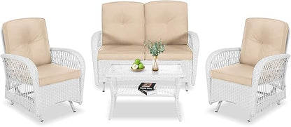 VIVIJASON 4-Piece Outdoor Patio White Wicker Conversation Sets, All Weather Rattan Furniture Set Includes Glider Loveseat, Coffee Table, 2 Glider Rocker Chairs w/Cushion for Lawn Balcony, Beige
