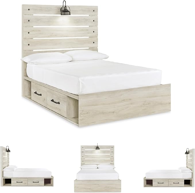 Signature Design by Ashley Cambeck Farmhouse Full Panel Platform Bed with 2 Storage Drawers, Cubbies, Sconce Light and USB Ports, Foundation or Box Spring Not Needed, Whitewash