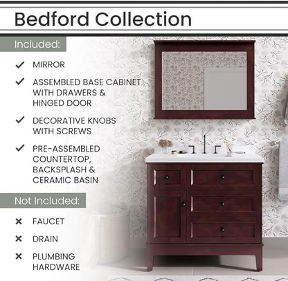 Hanover 36 Set Includes w, Brown Bedford 36'' Vanity Sink Combo for Bathroom, Powder Room | Pre-Assembled 1 Door, 3 Drawers | Accent Mirror | Artificial Stone Countertop, Cabinet, 36 inches