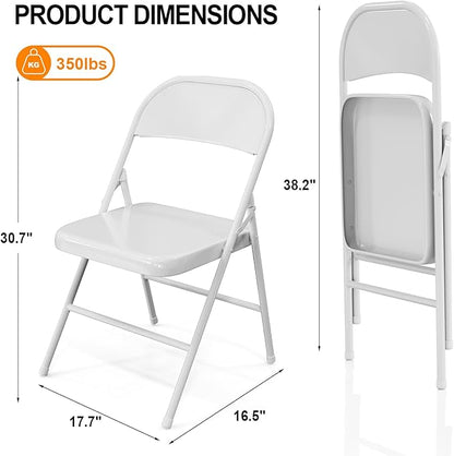 VINGLI Folding Chairs All Steel Metal Frame, Capacity 350 lbs, Durable Portable and Versatile for Indoor Outdoor Use, White, Set of 4