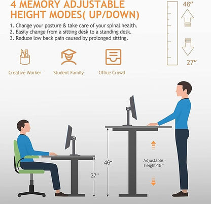 Electric Standing Desk 55x24 in with Wheels, Adjustable Height 27-46 in, Ergonomic Sit-Stand Desk with Curved Desktop and Smooth Motor, Spacious and Sturdy Workstation for Home Office（White