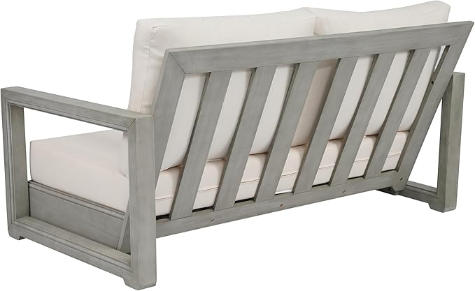 Christopher Knight Home Olaf 4 Pieces Outdoor Conversation Set, Acacia Wood Chat Set, Rectangular Coffee Table and Patio Loveseat with 2 Club Chairs, Patio Furniture Set with Cushion, Beige+Light Grey
