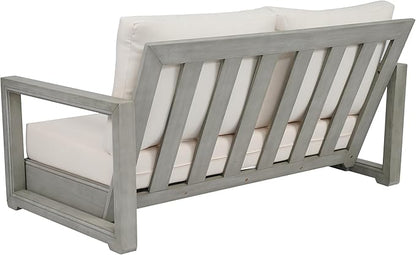 Christopher Knight Home Olaf 4 Pieces Outdoor Conversation Set, Acacia Wood Chat Set, Rectangular Coffee Table and Patio Loveseat with 2 Club Chairs, Patio Furniture Set with Cushion, Beige+Light Grey