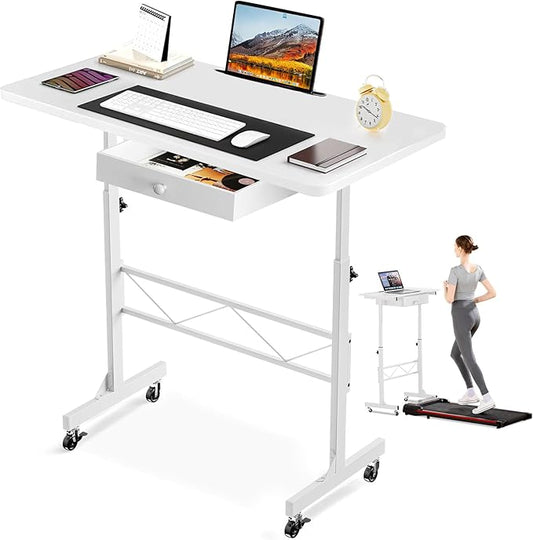 COMHOMA Small Standing Desk Adjustable Height Small Computer Desk Mobile Portable Rolling Laptop Table with Wheels 32" Computer Workstation Sit Stand Desks Portable Standing Table Treadmill desks