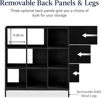 Best Choice Products 9-Cube Bookshelf, 3-Tier Wood Storage Bookcase W/Legs, 11in Shelf Opening, Cube Organizer, Living Room, Office, Nursery – Black