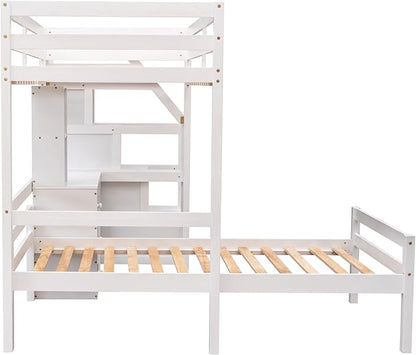 Twin Size Solid Wood Loft Bed with Storage Staircase and Desk, Bedroom Multifunctional Separable Bed Frame w/Shelves & Drawers,No Box Spring Needed,for Adult Kid Boy Girl,White
