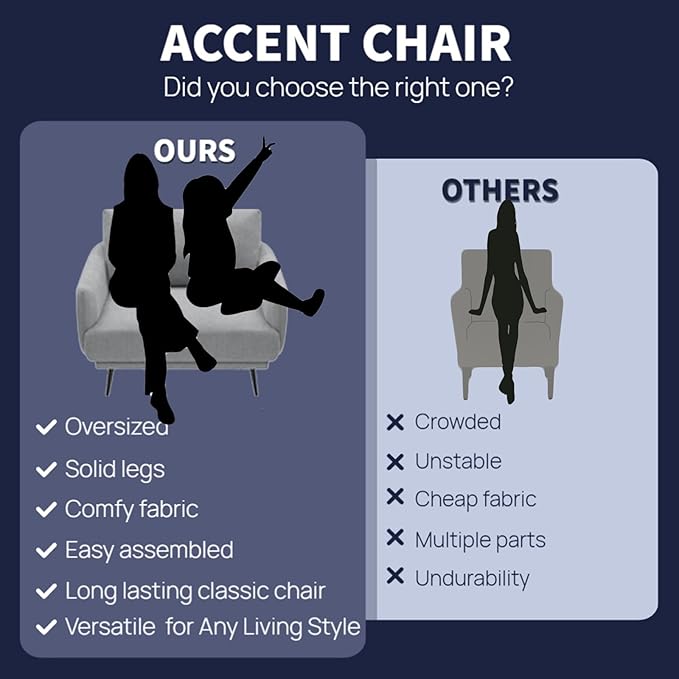 Mid-Century Accent Chair,Modern Oversized Armchair for Living Room,Comfy Upholstered Reading Accent Chairs for Bedroom,Single Sofa Chair (Grey-1PACK)