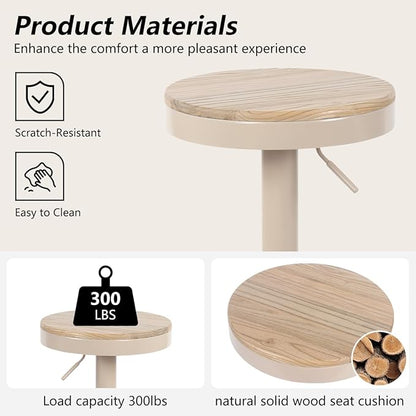 Kidol & Shellder Bar Stools Set of 2 Round Adjustable Swivel Barstools Modern Backless Bar Chairs Wooden Seat Counter Height Stools Armless for Kitchen Island, Cafe, Dining Room (Khaki)