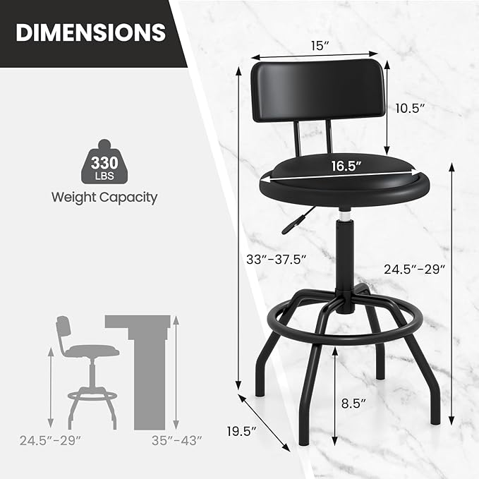 COSTWAY Adjustable Height Bar Stool, 360 Degree Swivel, Modern Guitar Stool for High Ergonomic Seating, with PU Leather Cushion, Heavy Duty Steel Frame for Bar, Shop and Music, Garage, Black