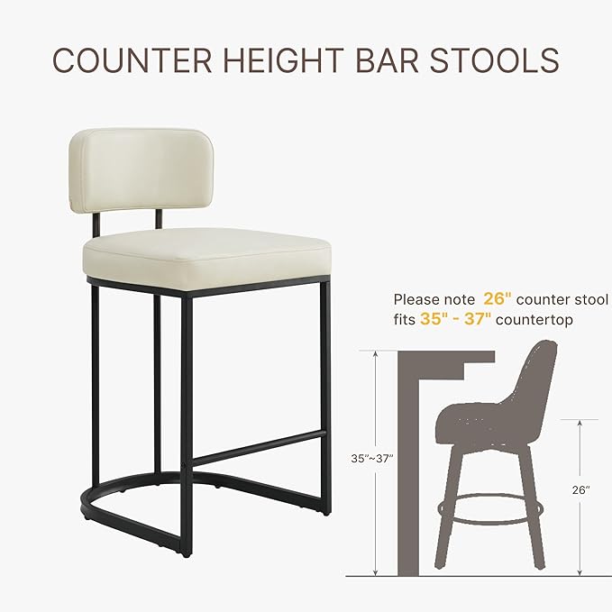 26" H Counter Height Bar Stools Set of 2, Modern Faux Leather Upholstered Barstools with Backrest for Kitchen Island, Black Metal Frames, Cream