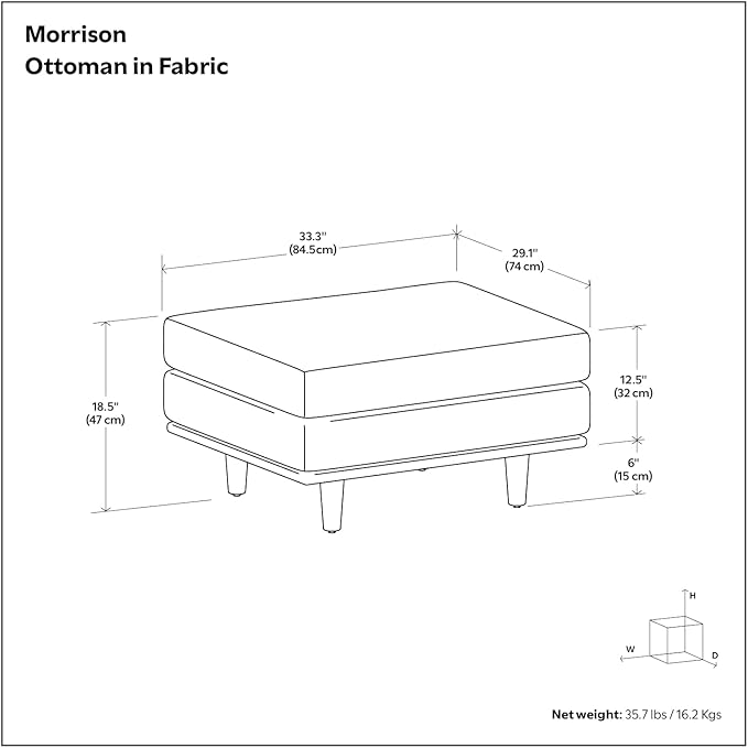 SIMPLIHOME Morrison 33-inch Wide Table Ottoman in Mist Grey Woven-Blend Fabric, Multifunctional Footrest, Coffee Table, or Extra Seating for Living Room, Mid-Century Modern Style