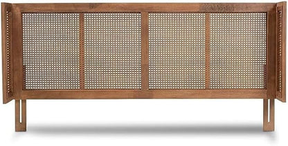 Eclectic Escape Mid-Century Modern Ash Wanut Finished Wood and Synthetic Rattan Wrap-Around Headboard Queen