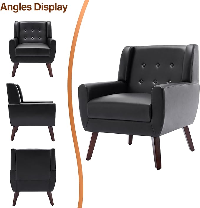 Lumibee Accent Chairs Set of 2, Modern Faux Leather Armchairs for Living Room, Comfy Upholstered Arm Chairs Tufted for Indoor Bedroom Office Room (P Black)