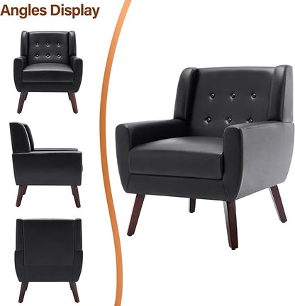 Lumibee Accent Chairs Set of 2, Modern Faux Leather Armchairs for Living Room, Comfy Upholstered Arm Chairs Tufted for Indoor Bedroom Office Room (P Black)