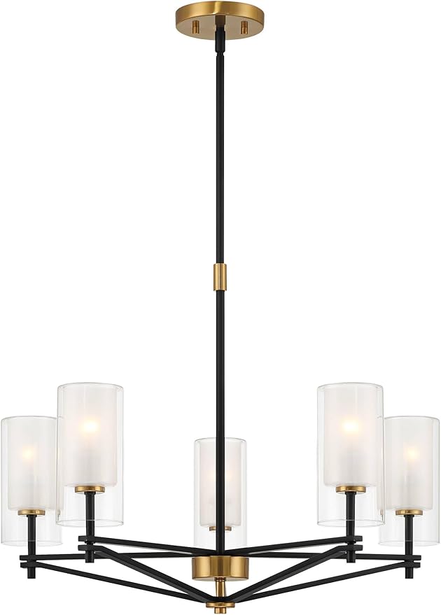 Possini Euro Design Nyack 25" Modern Pendant Chandelier Ceiling Light Fixture Dining Room Over Table Kitchen Island Foyer Open Frame Hanging 5-Light Black Gold Finish White Glass Hallway Entryway