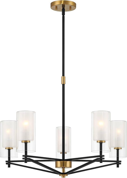 Possini Euro Design Nyack 25" Modern Pendant Chandelier Ceiling Light Fixture Dining Room Over Table Kitchen Island Foyer Open Frame Hanging 5-Light Black Gold Finish White Glass Hallway Entryway