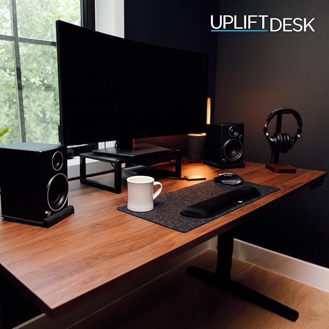UPLIFTDESK V2 2-Leg Walnut Laminate Wood Standing Desk – Adjustable Height, Advanced 1-Touch Memory Keypad, Under Desk Cable Management, Wire Grommets & Rocker Board (Black C-Frame, 60 x 30 inch)