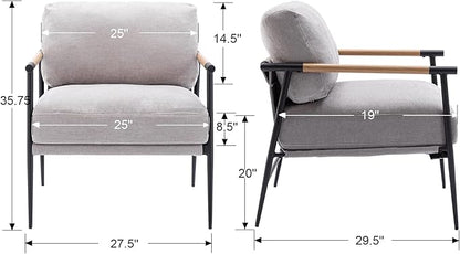 Mid-Century Accent Chair Set of 2, Soft Armchair Chenille Fabric Lounge Chair with Black Metal Legs, Upholstered Leisure Chair for Living Room Bedroom Reception Room, Grey