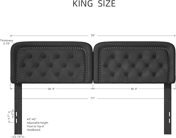 Tufted Upholstered Headboard King Size, Button Adjustable Height King Head Board Only, Sturdy and Durable Solid Wood with Nailhead Trim Headboards, Ideal for Bedroom, Dorm, Guest Room,Black