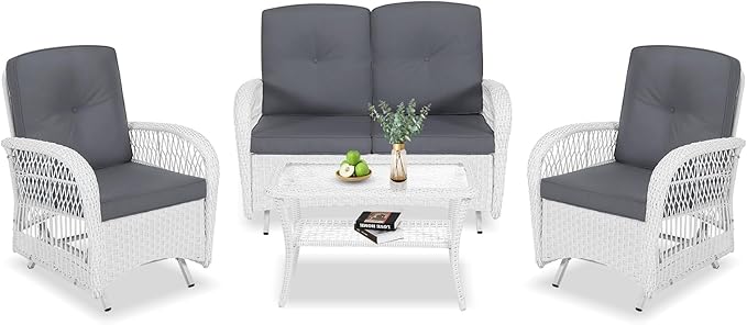 VIVIJASON 4-Piece Outdoor Patio White Wicker Conversation Sets, All Weather Rattan Furniture Set Includes Glider Loveseat, Coffee Table, 2 Glider Rocker Chairs w/Cushion for Lawn Balcony, Grey