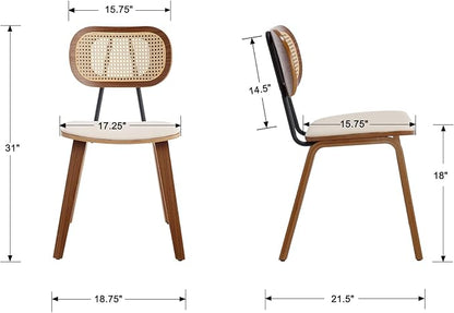 Mid-Century Dining Chairs Set of 2, PU Leather Kitchen Chairs with Rattan Backrest Wooden Legs Armless Design for Dining Room Living Room, Beige