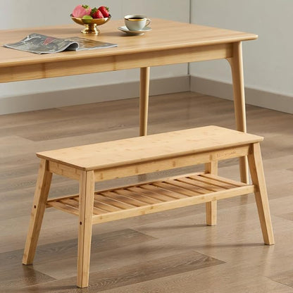 Nnewvante Bamboo Dining Bench, 33.46" Indoor Storage Bench, Small Wood Benches for Entryway, Living Room, Bedroom, Hallway, Outdoor Wooden Bench, Holds up to 300lbs