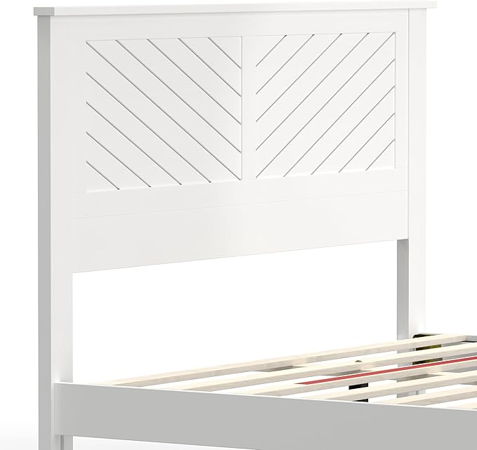 Serene Farmhouse Style Wood Bed in Queen Size with Chevron Scoring Headboard, Coastal Modern Design, Sturdy, Easy Assembly, Ample Underbed Storage, White Finish
