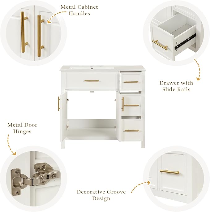 Favfurish 36" Bathroom Vanity with Sink Combo,Bathroom Vanity Cabinet with Two Soft-Closing Doors and Four Drawers,Free Stading Vanities w/Gold Handler,for Bathroom,Easy Assembly,White