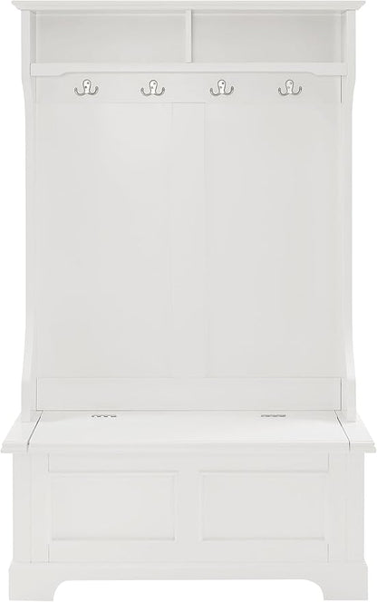 Crosley Furniture Campbell Hall Tree with Storage Bench and Coat Rack Hooks for Hanging, White