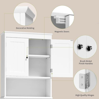 Gizoon Over The Toilet Storage Cabinet with Adjustable Shelf and Double Doors, Bathroom Space Saver Organizer Above Toilet with Open Shelf, Taller Wooden Free Standing Toilet Rack -White