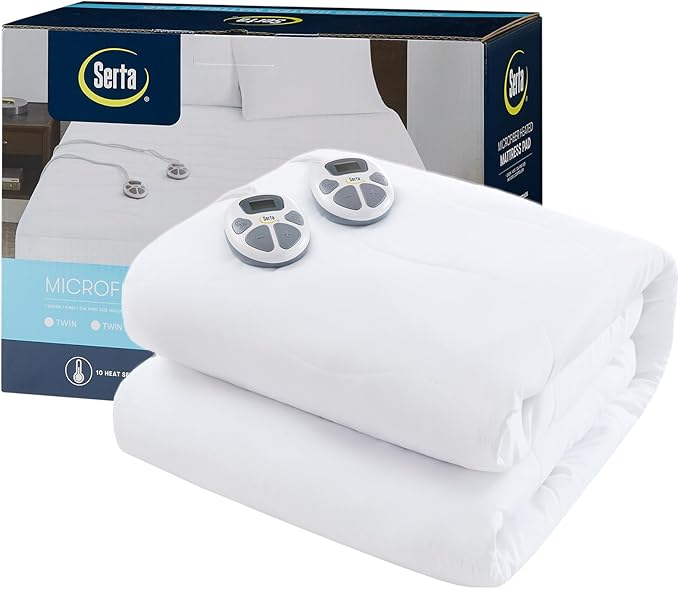 Serta Heated Mattress Pad Queen Size - Electric Mattress Pad, 10 Heat Setting Controller, Auto Shut Off Timer, Deep Elastic Pocket, Up to 17" Mattress, ETL Certified, Machine Wash, Queen, White
